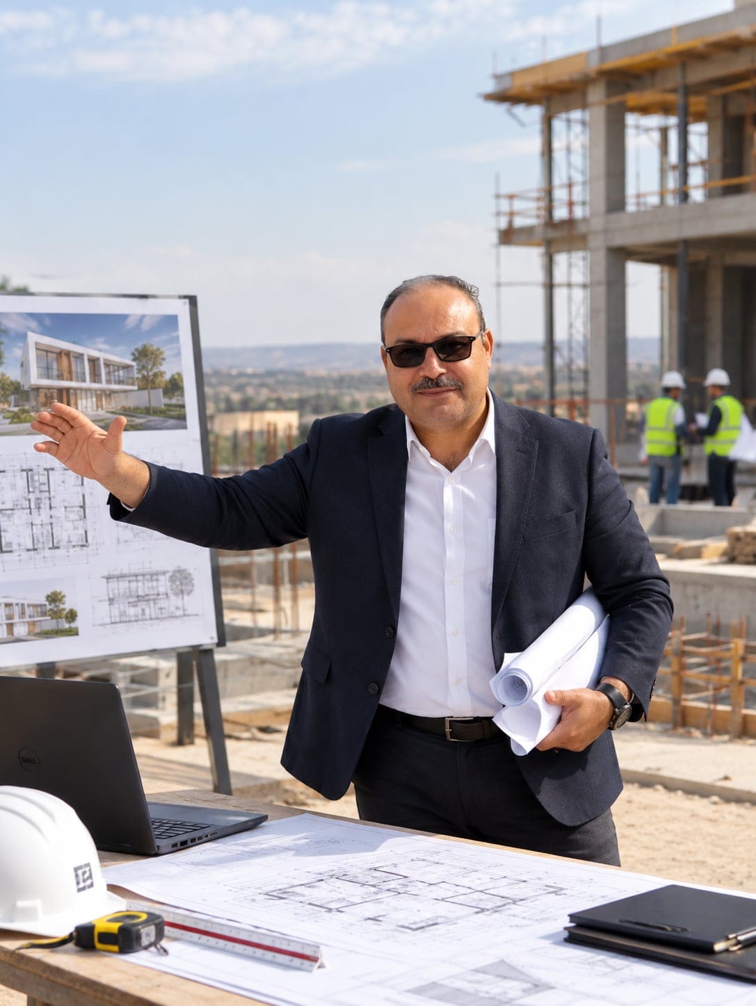 Mohamed El Fadhel Nouiri sur un chantier, des plans roulés sous le bras, devant le panneau d’un projet.