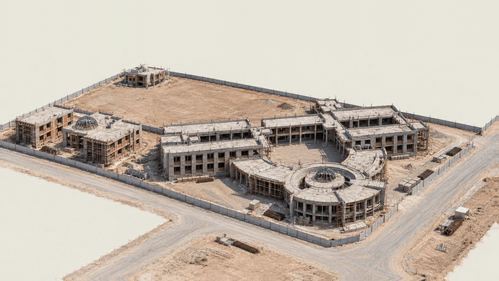 Le chantier vu du ciel : béton brut, remplissage de brique, échafaudages, terre nue, palissade.