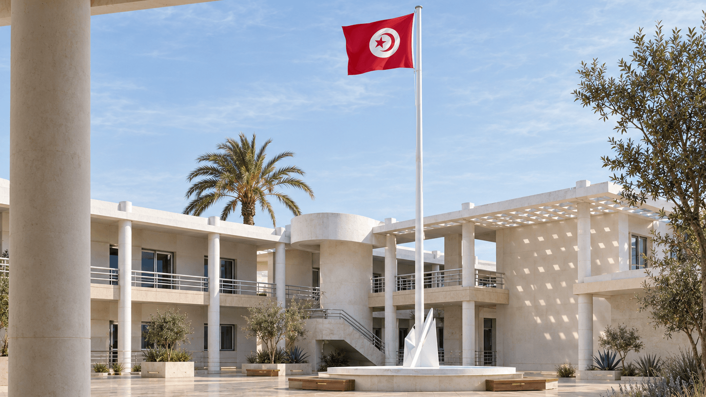 La cour : mât et drapeau tunisien, coursives blanches sur deux niveaux, palmier, oliviers.