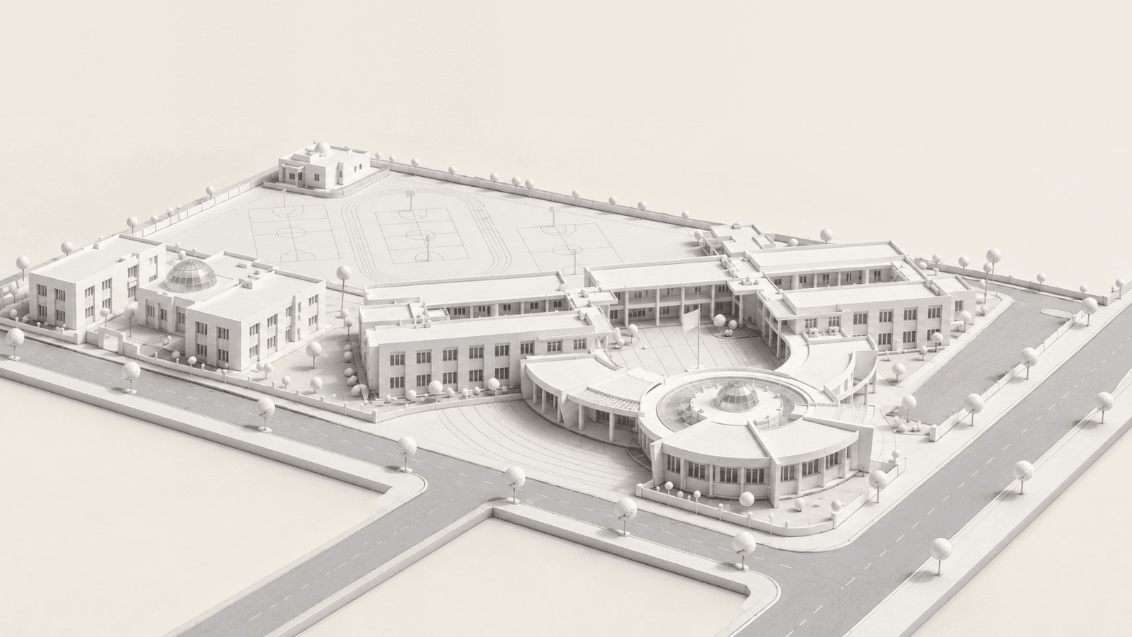 Maquette blanche en carton : volumes, coupoles transparentes, routes grises, arbres en sphères.