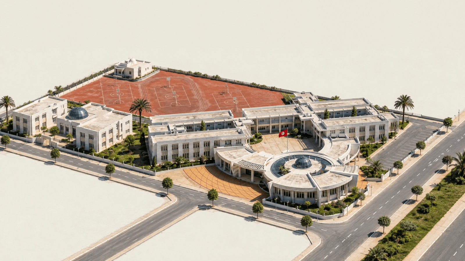 L’école achevée, vue du ciel : ailes blanches, rotonde sous coupole vitrée, parvis en éventail, terrains rouges, drapeau.