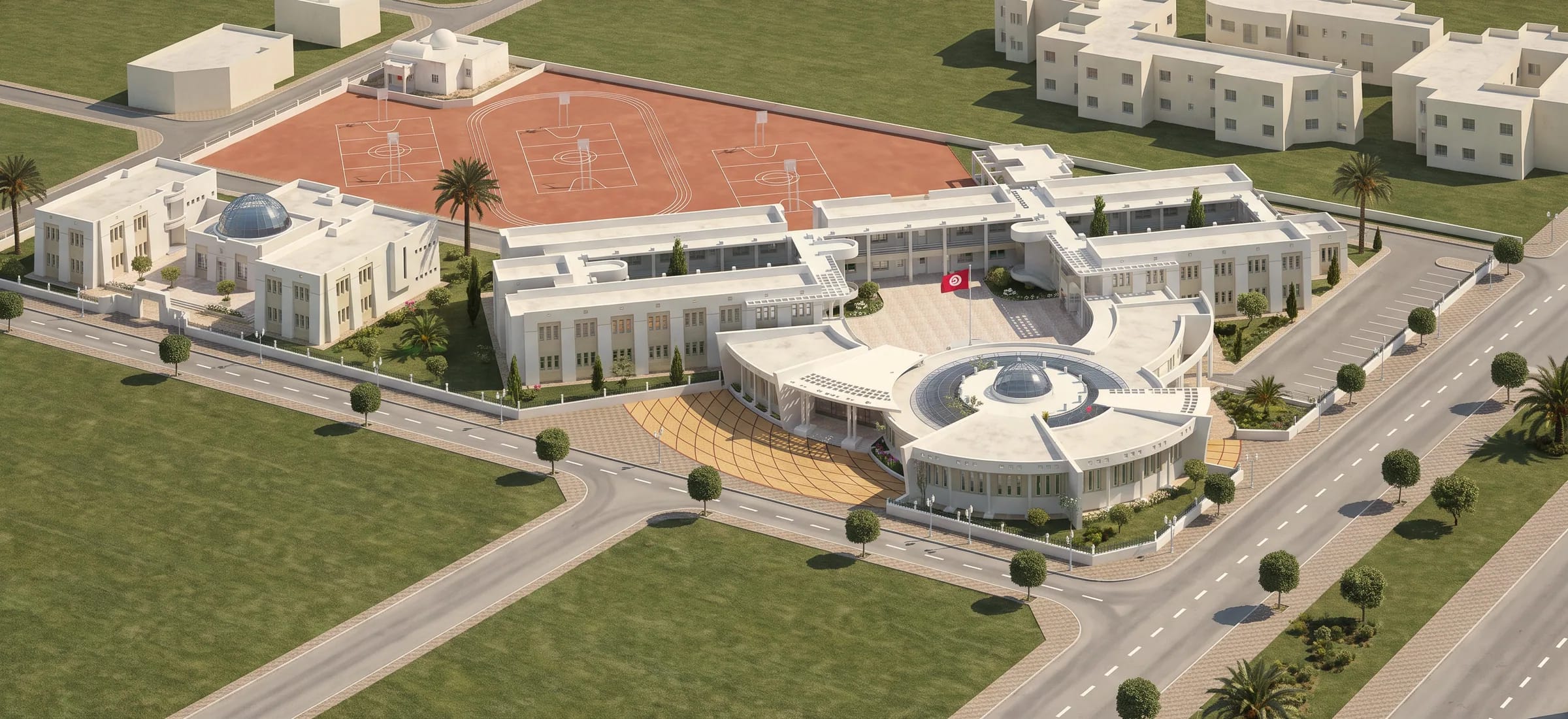 Vue aérienne : ailes blanches à deux niveaux autour d’une cour à mât, pavillon d’entrée circulaire à coupole vitrée, terrains de sport rouges et carrefour.