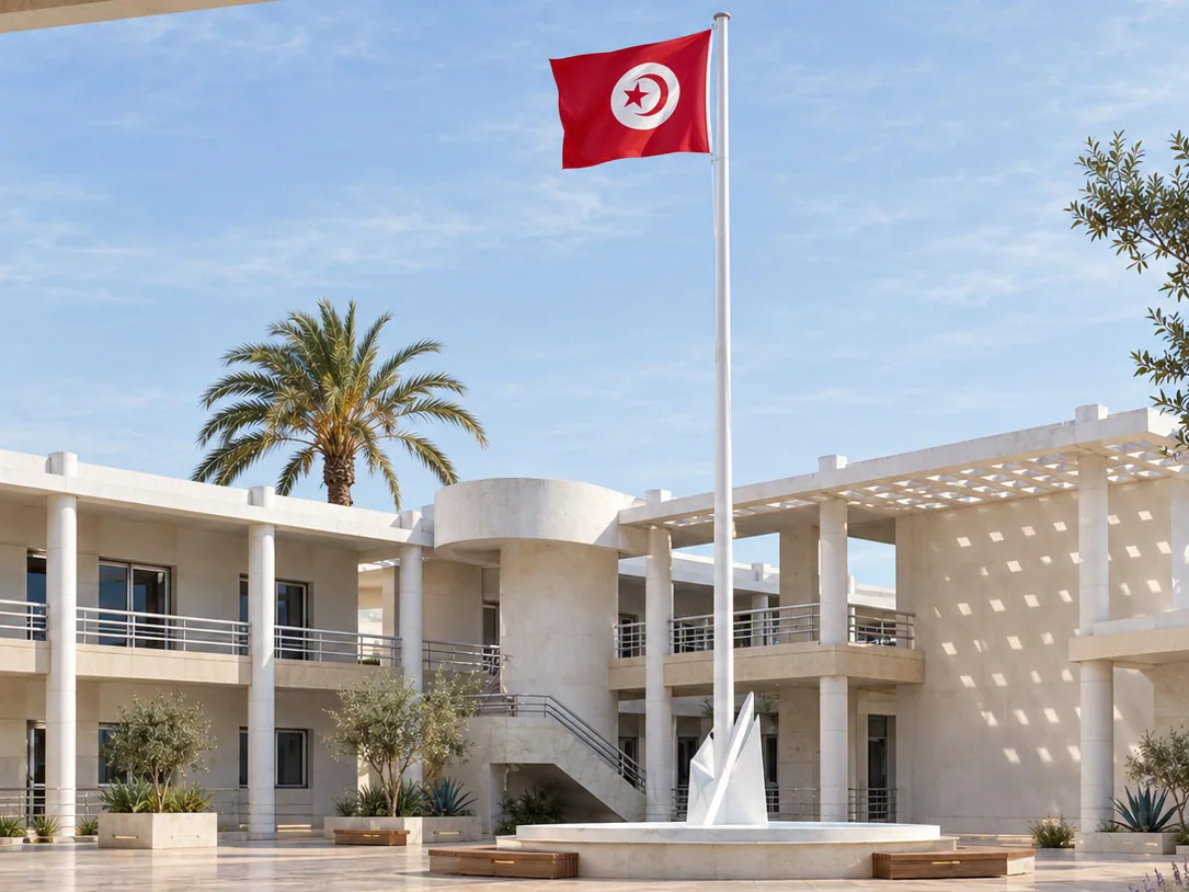 Cour centrale dallée vue depuis un portique : mât avec drapeau tunisien, galeries à colonnes sur deux niveaux, escalier extérieur, palmier et pergola.