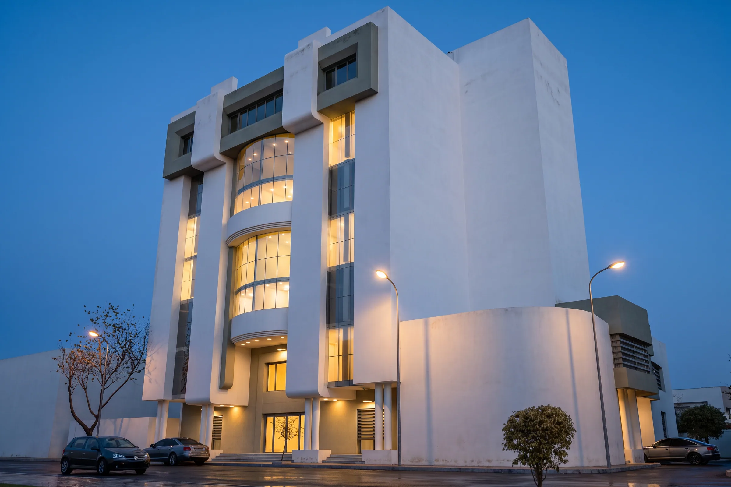 Vue nocturne en contre-plongée de l’immeuble : baies vitrées cintrées éclairées entre deux piliers blancs, volume d’angle arrondi et lampadaires allumés.
