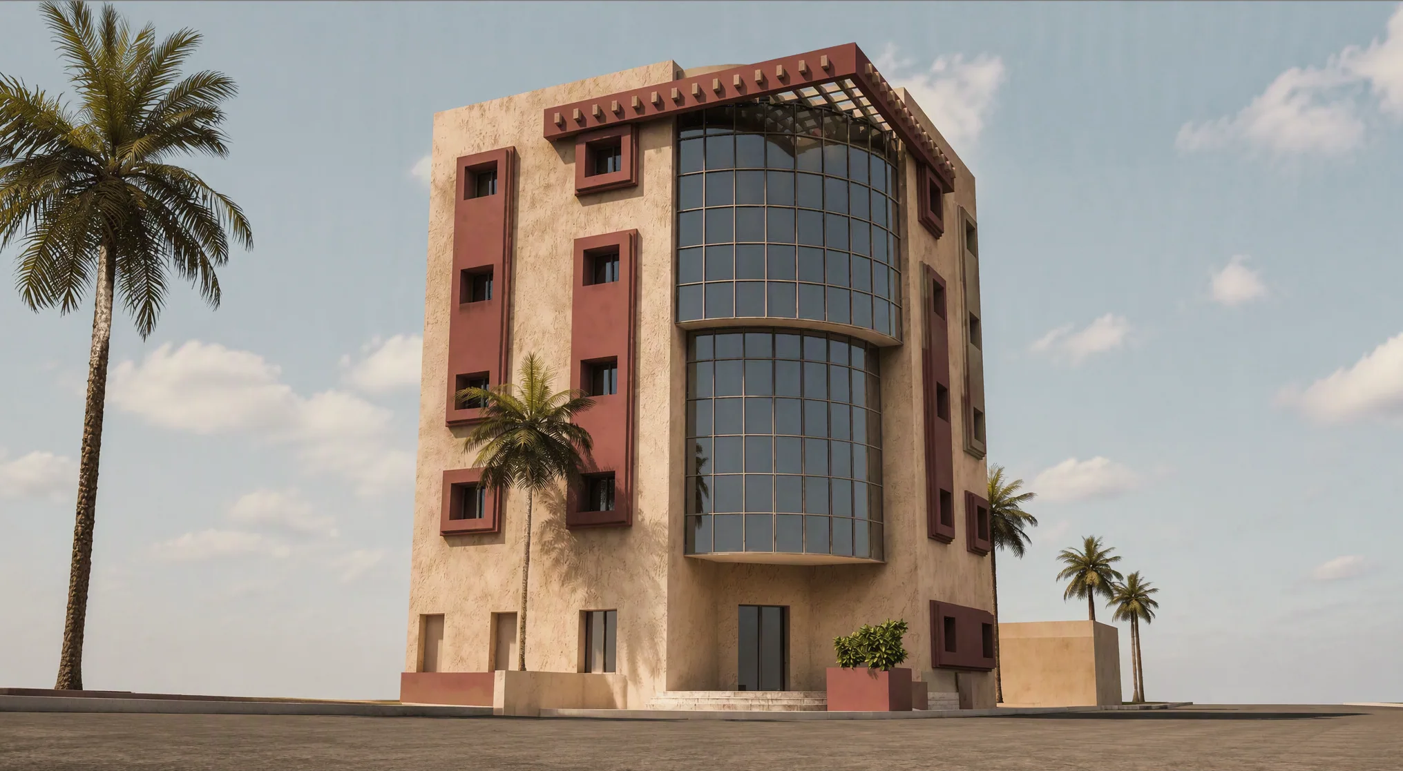 Façade principale en enduit beige à encadrements bordeaux, avec mur-rideau bleu cintré au-dessus de l’entrée, palmiers et voiture au premier plan.