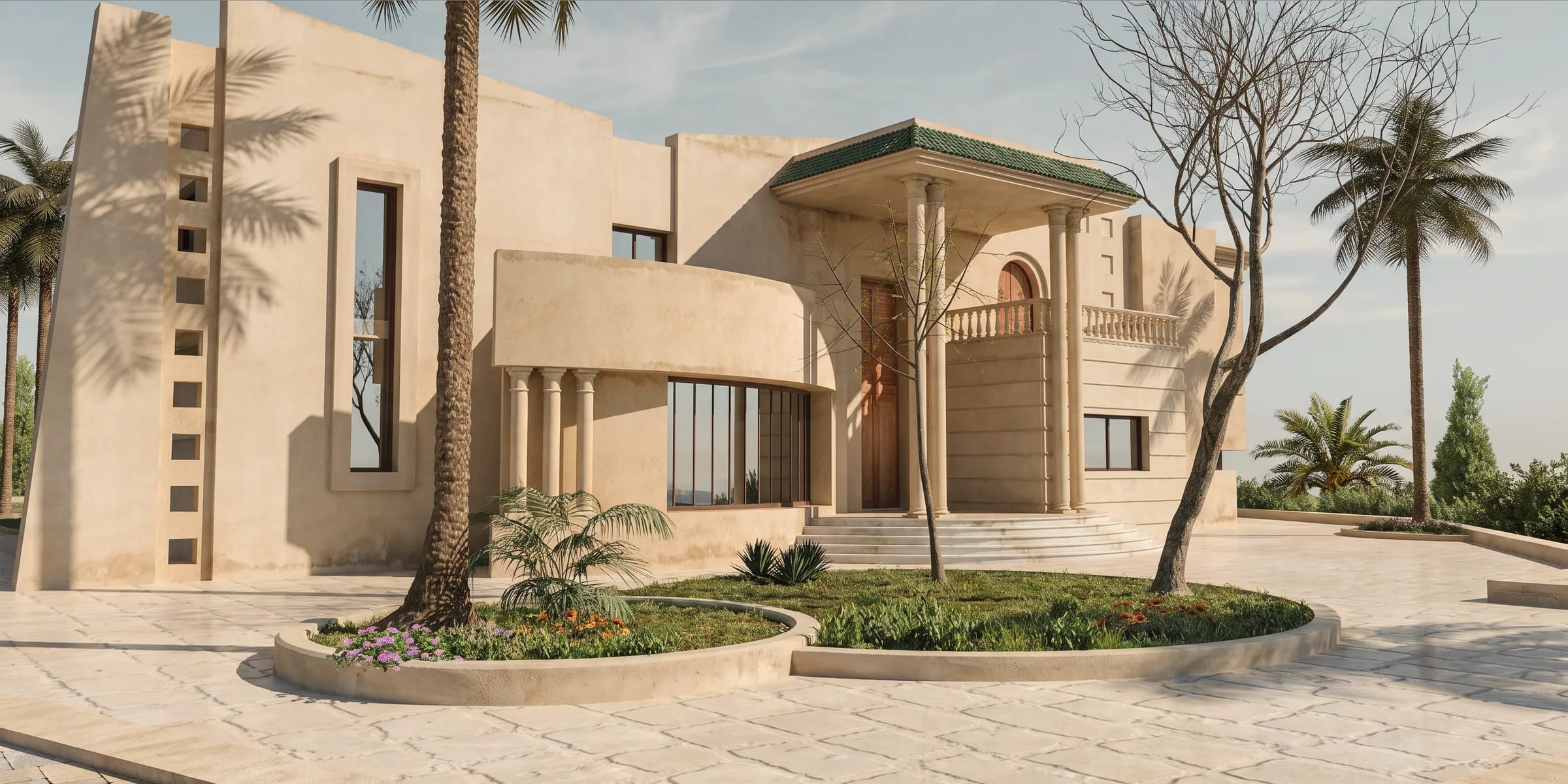 Façade d’entrée en pierre beige : portique à colonnes sous toiture de tuiles vertes, escalier semi-circulaire, baie vitrée et jardinière circulaire plantée.