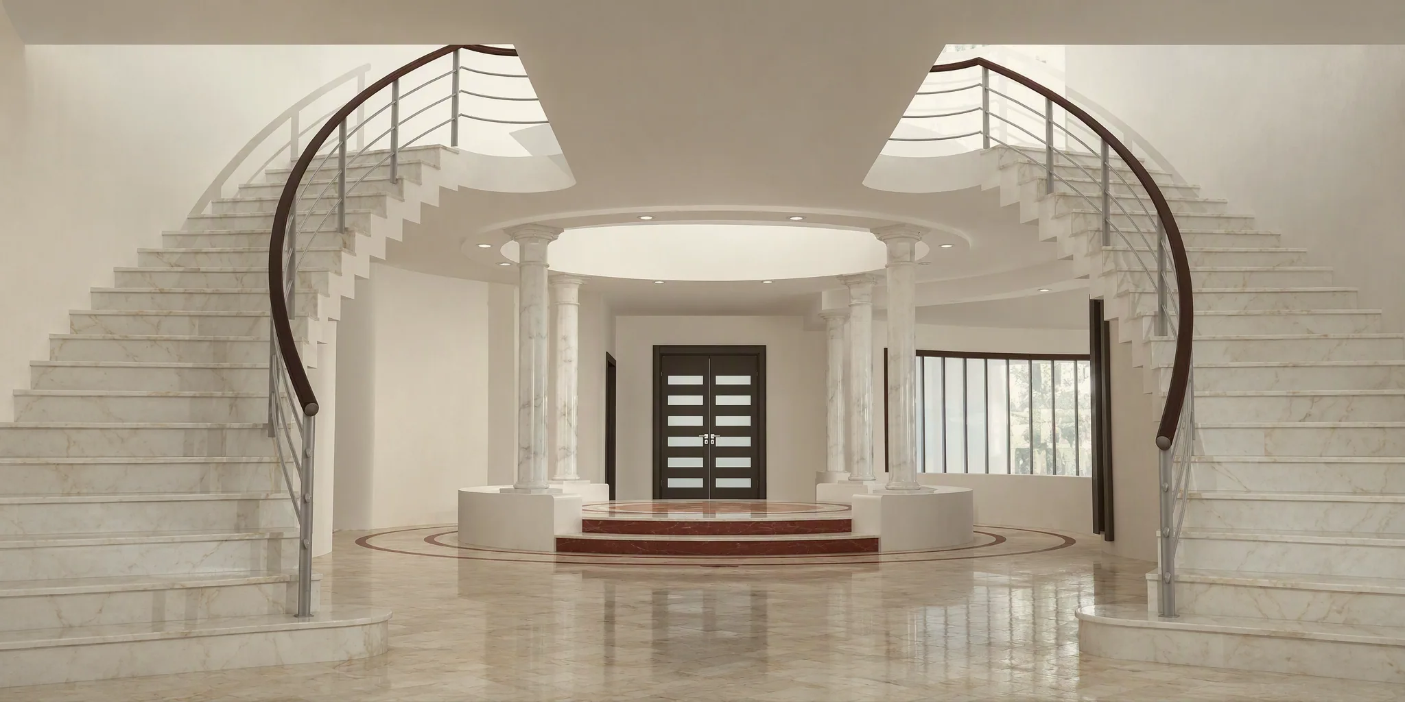 Vue axiale du hall : double escalier symétrique en marbre, rotonde à colonnes sous plafond circulaire, estrade ronde et porte double sombre vitrée.