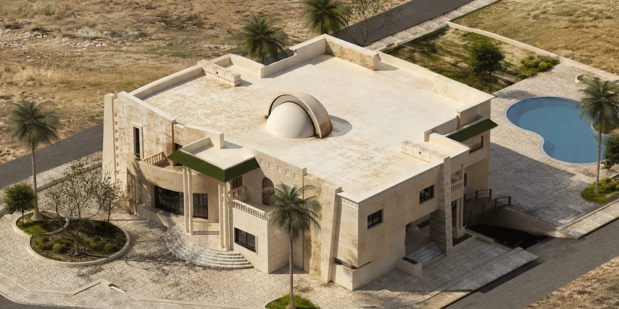 Vue aérienne d’une villa à toit-terrasse beige avec demi-coupole, portique à colonnes sous toiture verte, piscine aux formes libres, jardins et palmiers.