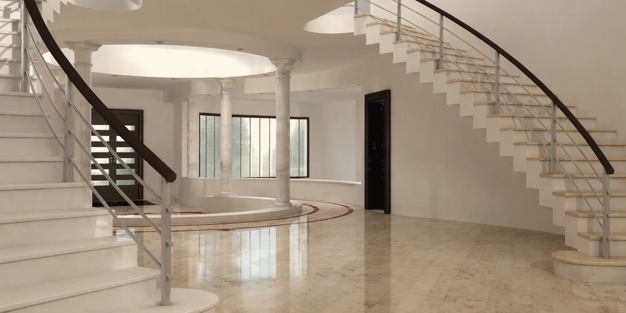 Hall avec escalier courbe en marbre à main courante sombre, colonnade sous plafond circulaire, porte double vitrée et sol en marbre poli.