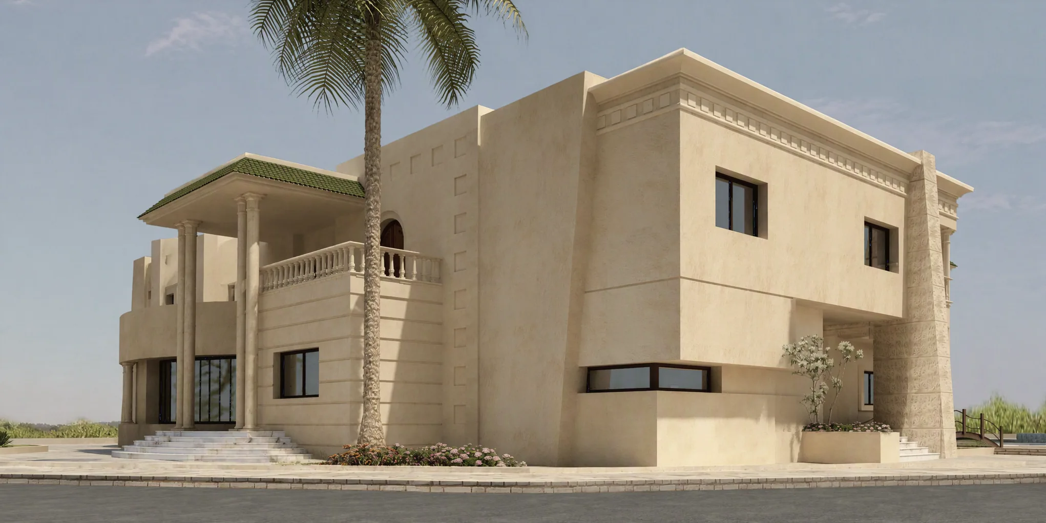 Vue d’angle d’une villa en pierre beige : volume supérieur en saillie, corniche moulurée, portique à colonnes avec balustrade, palmier au premier plan.