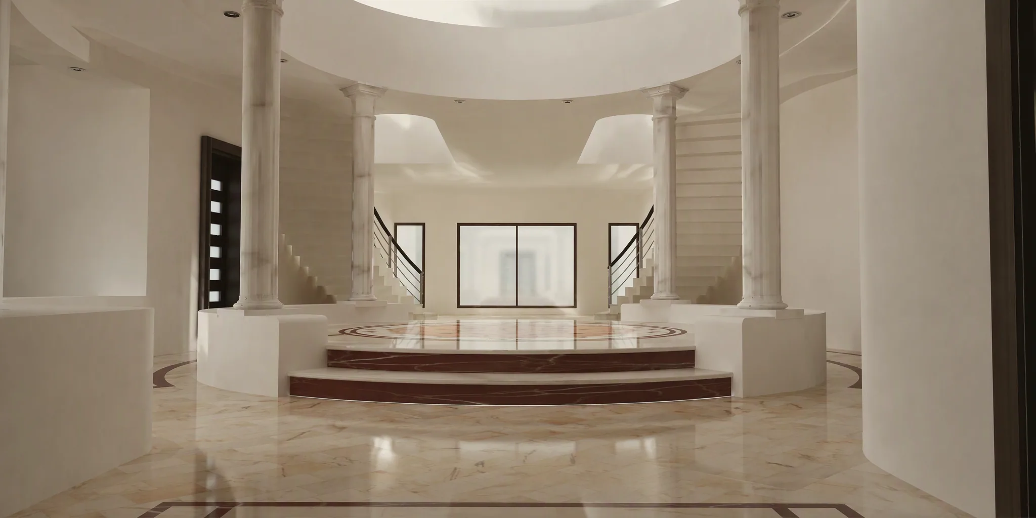 Hall vu depuis l’entrée : estrade circulaire en marbre rouge et blanc entre colonnes, deux volées d’escalier au fond et baie vitrée centrale.