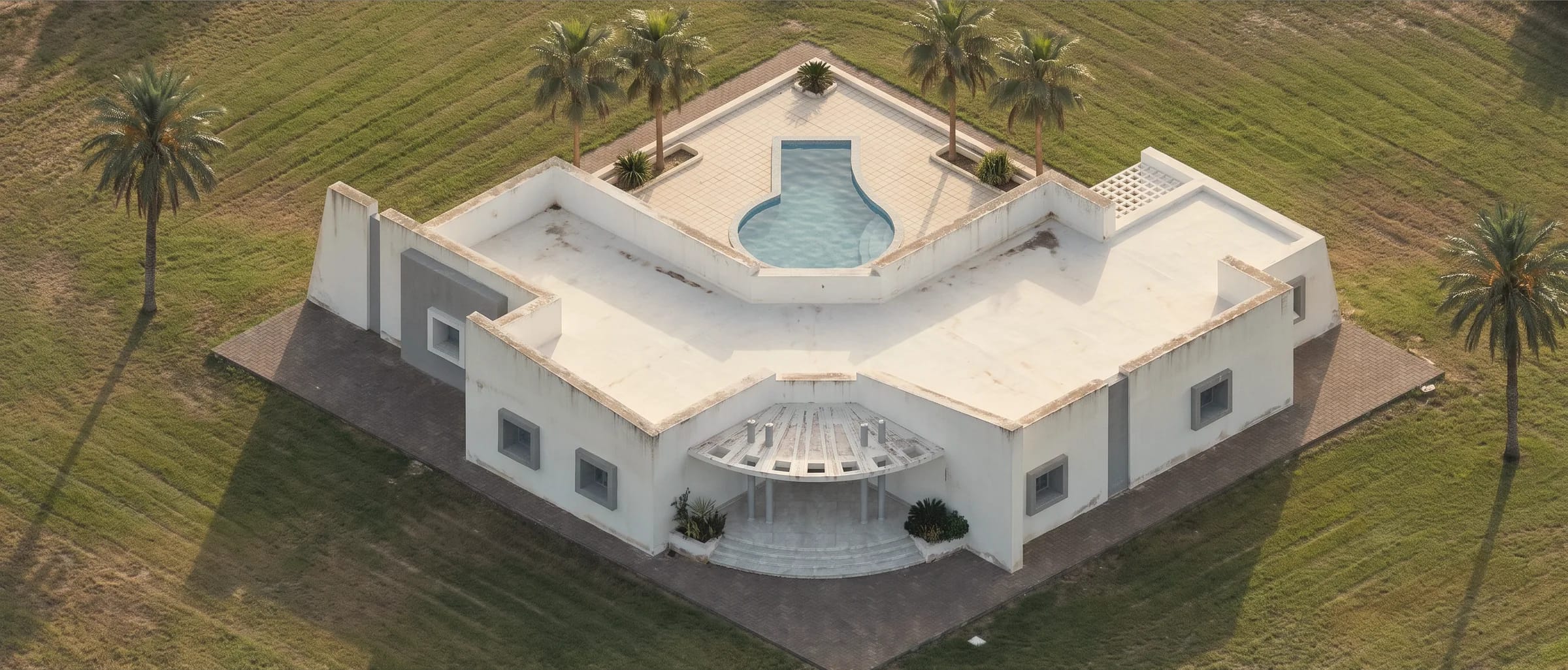 Vue aérienne de la villa en L : toitures-terrasses blanches, porche d’entrée courbe à colonnes et emmarchement, patio arrière dallé avec piscine et palmiers.