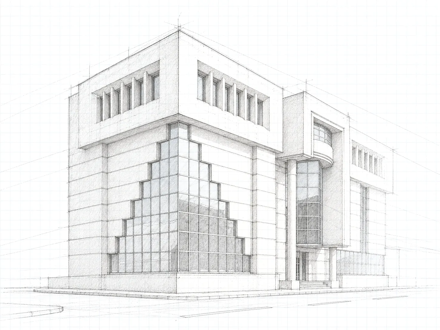 Esquisse à la mine de plomb du Complexe médical, sur papier quadrillé : un bâtiment d’angle en pierre, coiffé d’un attique à ailettes, dont le mur-rideau vitré descend en gradins à l’angle.